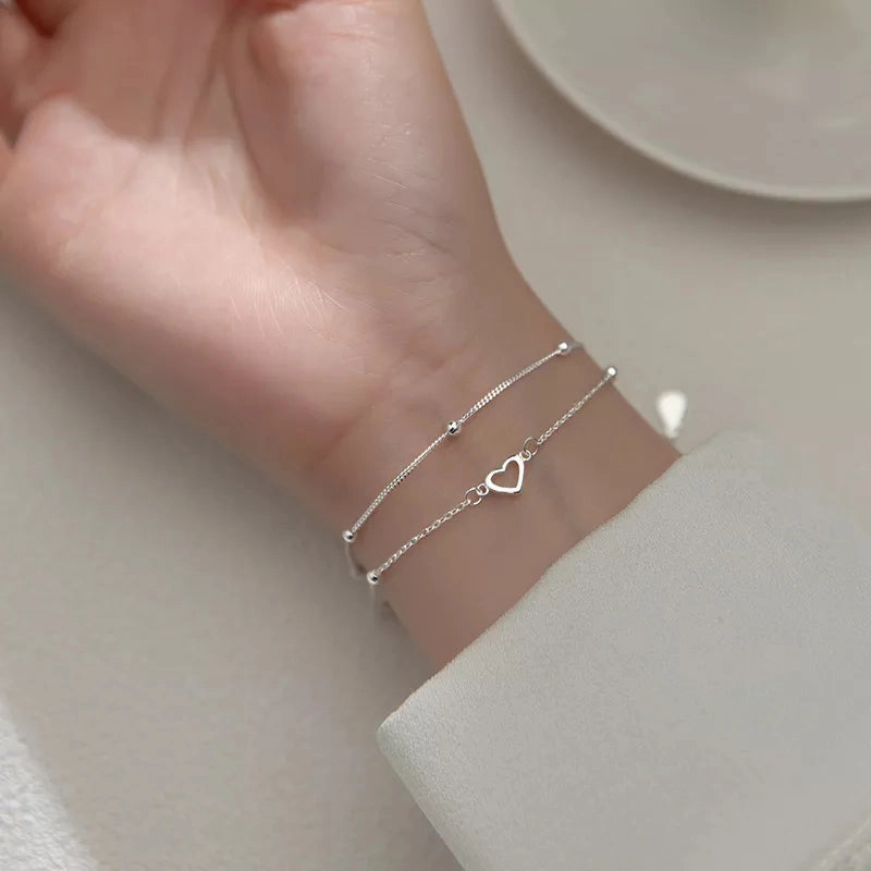 VENTFILLE 925 Sterling Silver Double Love Heart Bracelet Elegant Adjustable Fashion Jewelry
