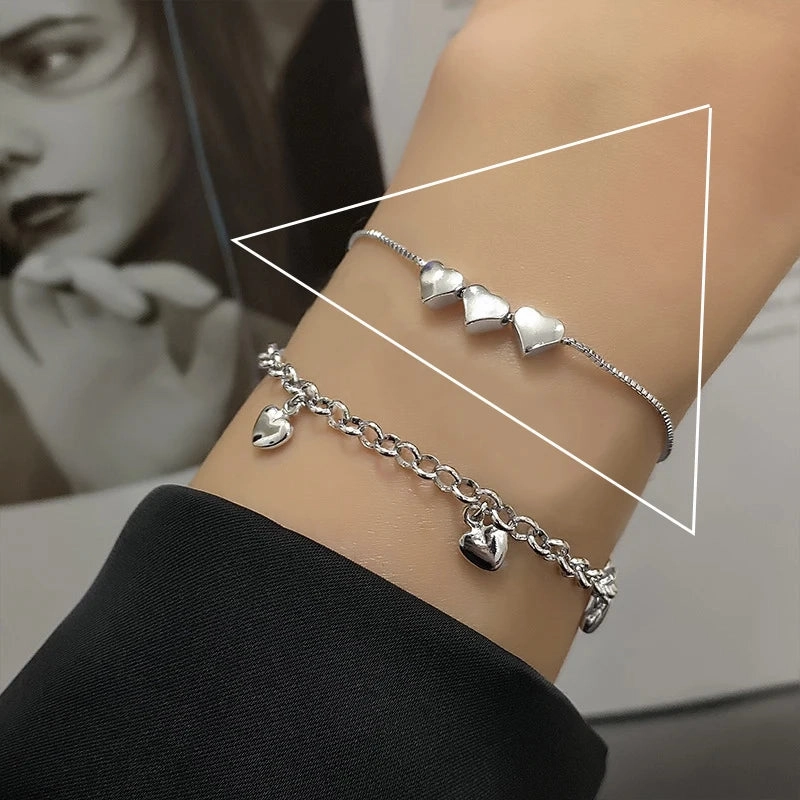 VENTFILLE 925 Sterling Silver Double Love Heart Bracelet Elegant Adjustable Fashion Jewelry