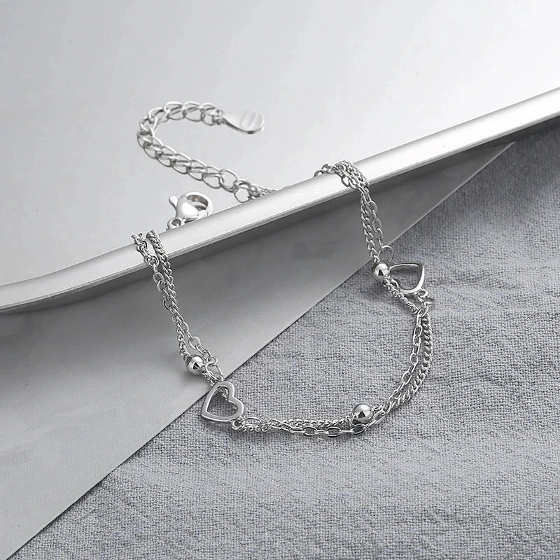 VENTFILLE 925 Sterling Silver Double Love Heart Bracelet Elegant Adjustable Fashion Jewelry