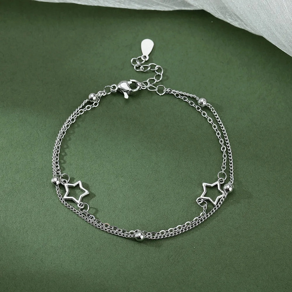VENTFILLE 925 Sterling Silver Double Love Heart Bracelet Elegant Adjustable Fashion Jewelry