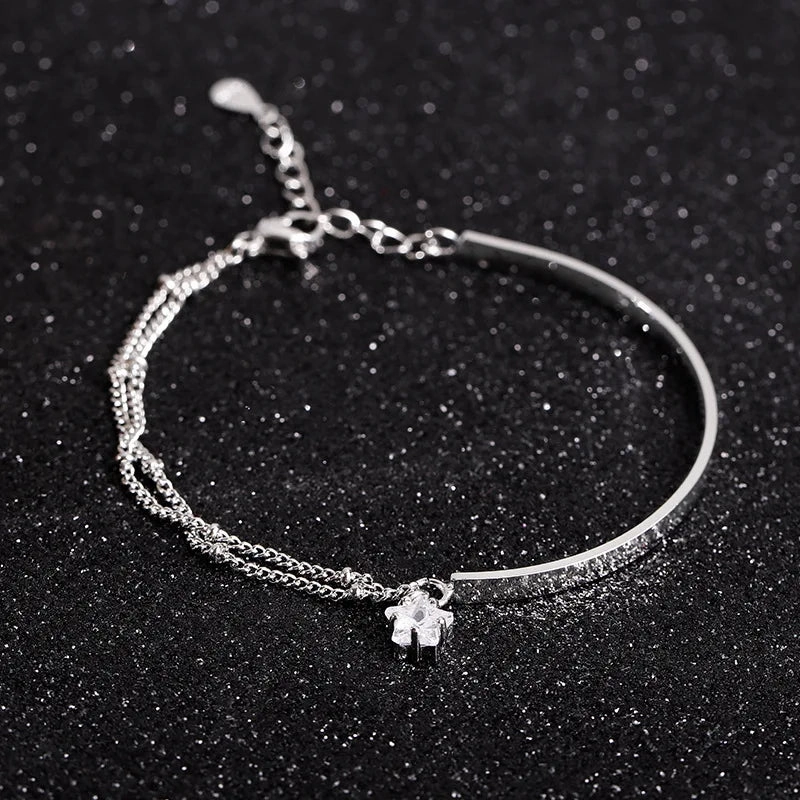 VENTFILLE 925 Sterling Silver Double Love Heart Bracelet Elegant Adjustable Fashion Jewelry