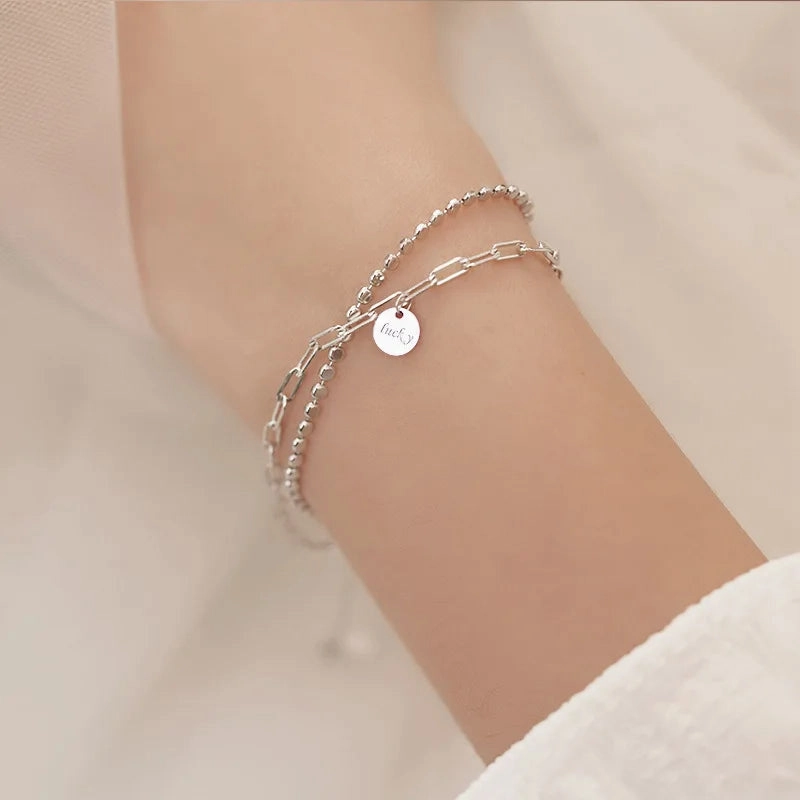 VENTFILLE 925 Sterling Silver Double Love Heart Bracelet Elegant Adjustable Fashion Jewelry