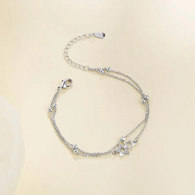 VENTFILLE 925 Sterling Silver Double Love Heart Bracelet Elegant Adjustable Fashion Jewelry