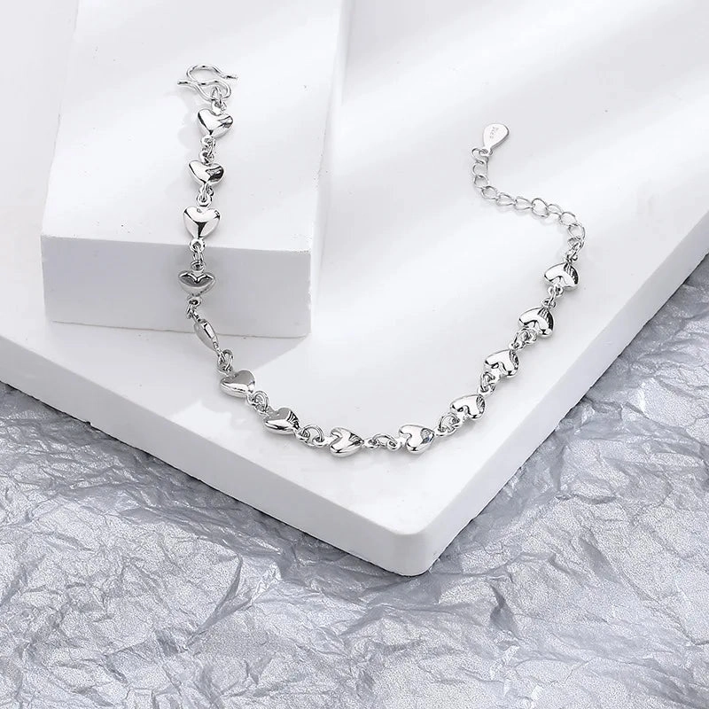 VENTFILLE 925 Sterling Silver Double Love Heart Bracelet Elegant Adjustable Fashion Jewelry