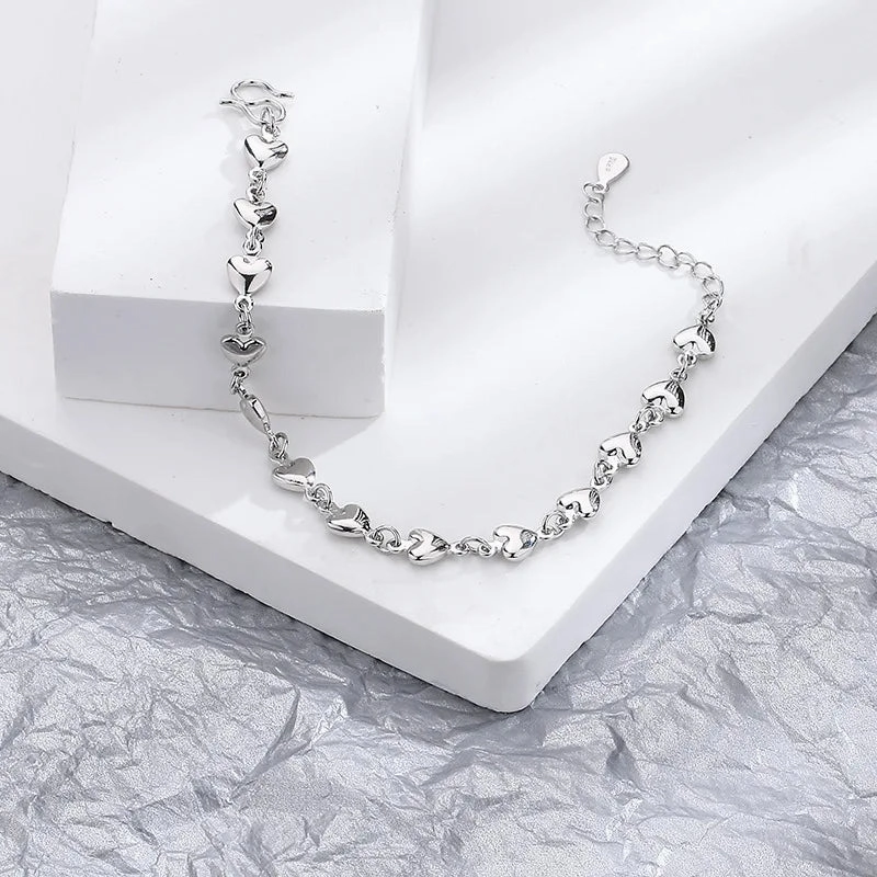 VENTFILLE 925 Sterling Silver Double Love Heart Bracelet Elegant Adjustable Fashion Jewelry