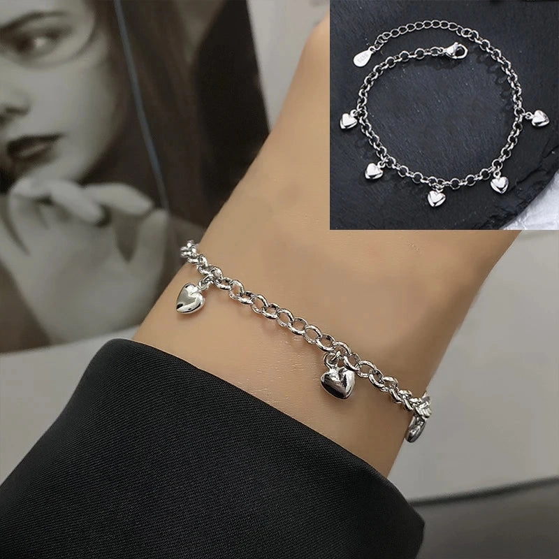 VENTFILLE 925 Sterling Silver Double Love Heart Bracelet Elegant Adjustable Fashion Jewelry
