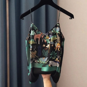 Vintage Floral Chiffon V-Neck Camisole for Women - Sexy Spaghetti Strap Summer Top in Multiple Sizes