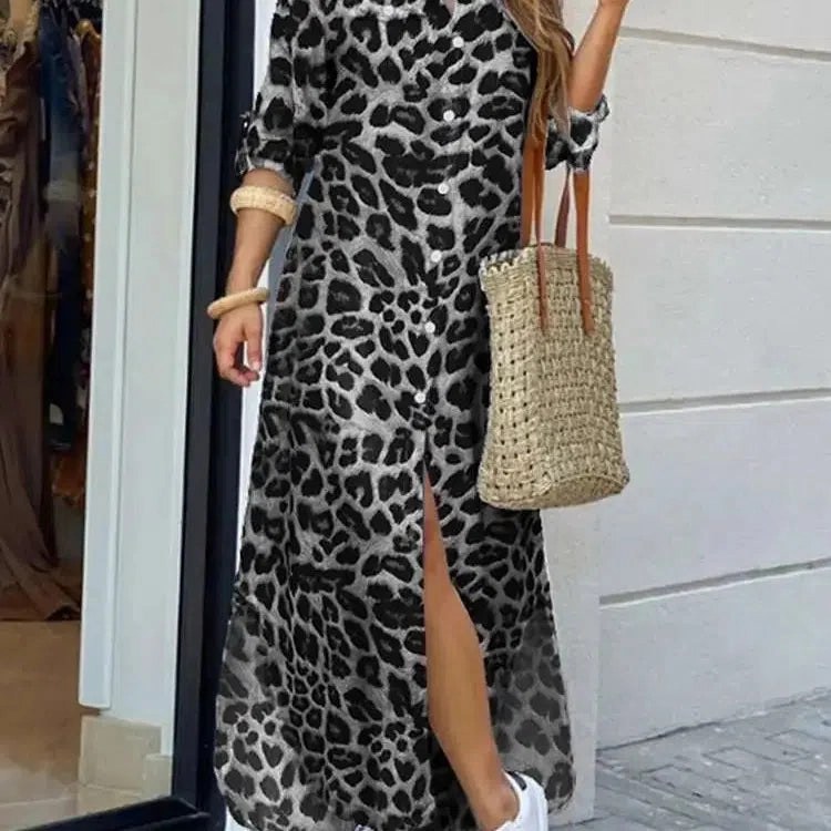 Vintage Leopard Maxi Dress Autumn Long Sleeve Oversized Sundress