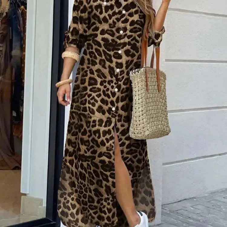 Vintage Leopard Maxi Dress Autumn Long Sleeve Oversized Sundress