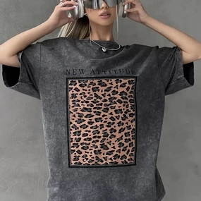 Vintage Leopard Print Oversized Cotton Tee - Loose Fit Distressed O-Neck Short Sleeve T-Shirt for Women