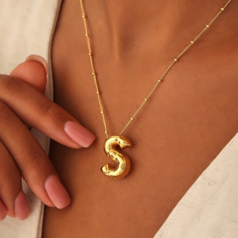 Vintage Stainless Steel Chunky Letter Necklace 18K Gold Plated