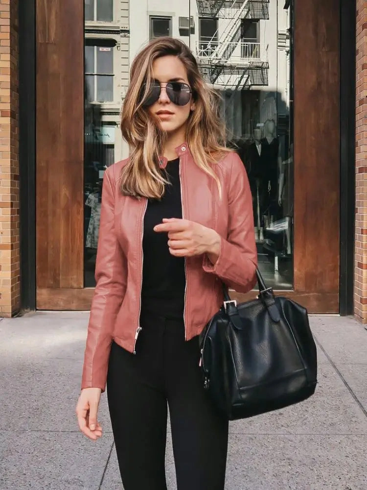 Vintage Women PU Leather Bomber Jacket Casual Autumn Winter Streetwear Blazer Y2K Fashion Windbreaker