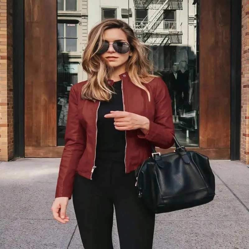 Vintage Women PU Leather Bomber Jacket Casual Autumn Winter Streetwear Blazer Y2K Fashion Windbreaker