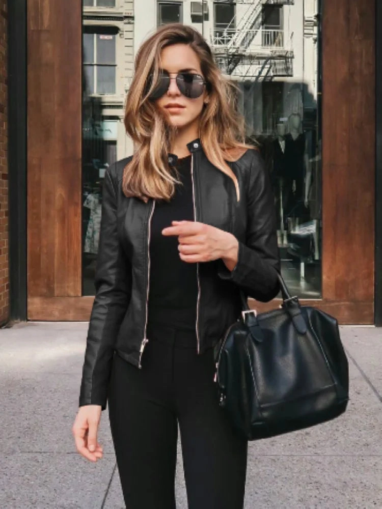 Vintage Women PU Leather Bomber Jacket Casual Autumn Winter Streetwear Blazer Y2K Fashion Windbreaker
