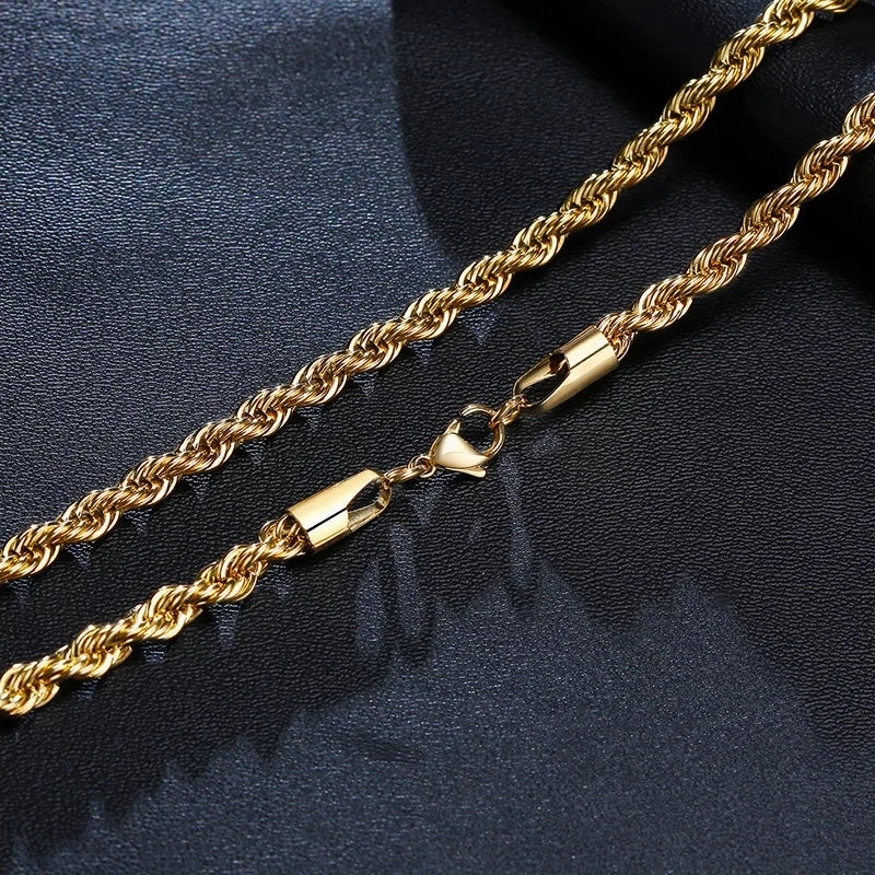 Vnox Dainty Gold Color Rope Chain Necklaces for Women Men Chic Twisted Collar Waterproof Stainless Steel Link 2/3/4/5mm Width