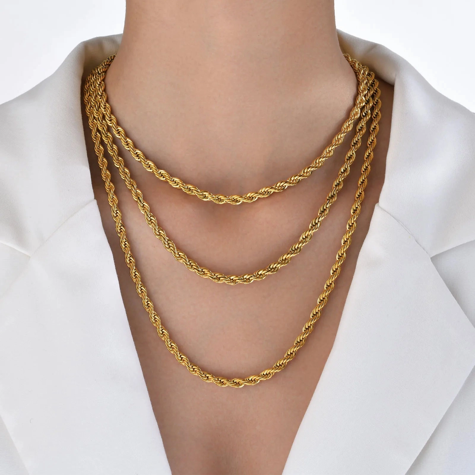 Vnox Dainty Gold Color Rope Chain Necklaces for Women Men Chic Twisted Collar Waterproof Stainless Steel Link 2/3/4/5mm Width