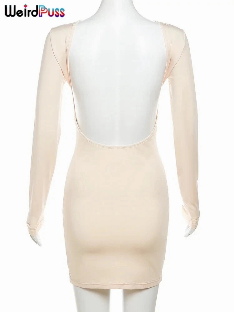 Weird Puss Sheath Backless Women Dress Full Sleeve Sexy Mini Bodycon Evening Party Prom