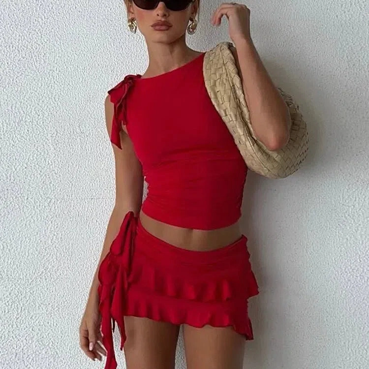 Weird Puss Women 2Piece Set Pleated Mini Skirt Tank Top