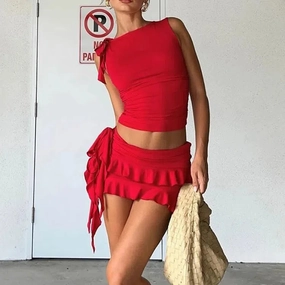 Weird Puss Women 2Piece Set Pleated Mini Skirt Tank Top