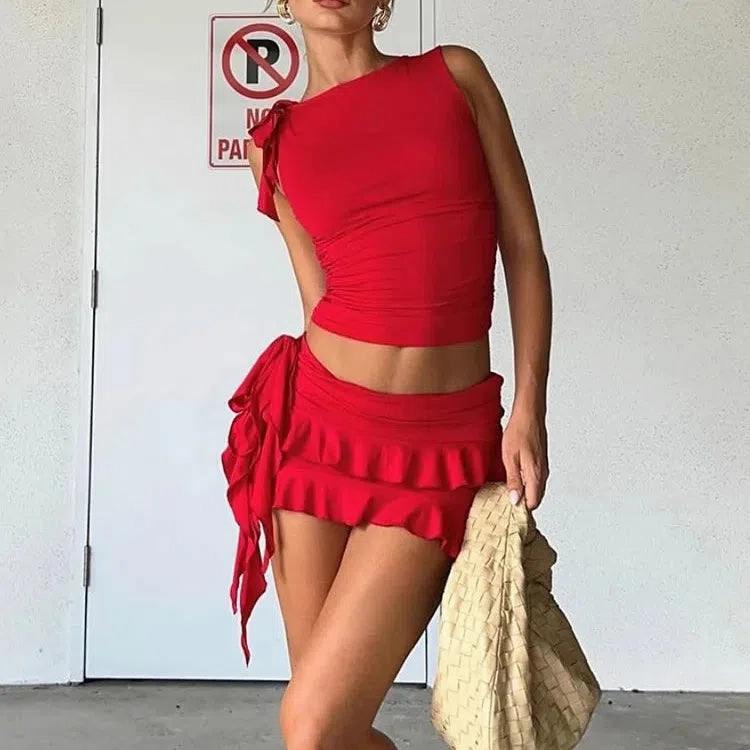 Weird Puss Women 2Piece Set Pleated Mini Skirt Tank Top