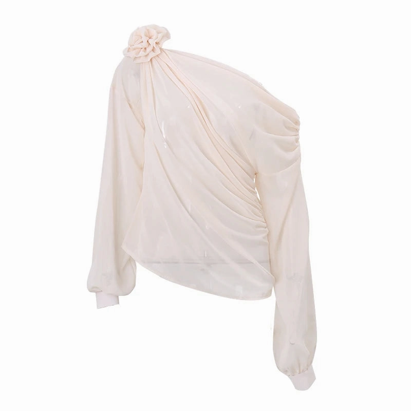 WhereMery Sexy Irregular Oblique-neck Flower Applique T Shirt Summer Off Shoulder Fashion Long Sleeve Crop Tops Street Mesh Tees