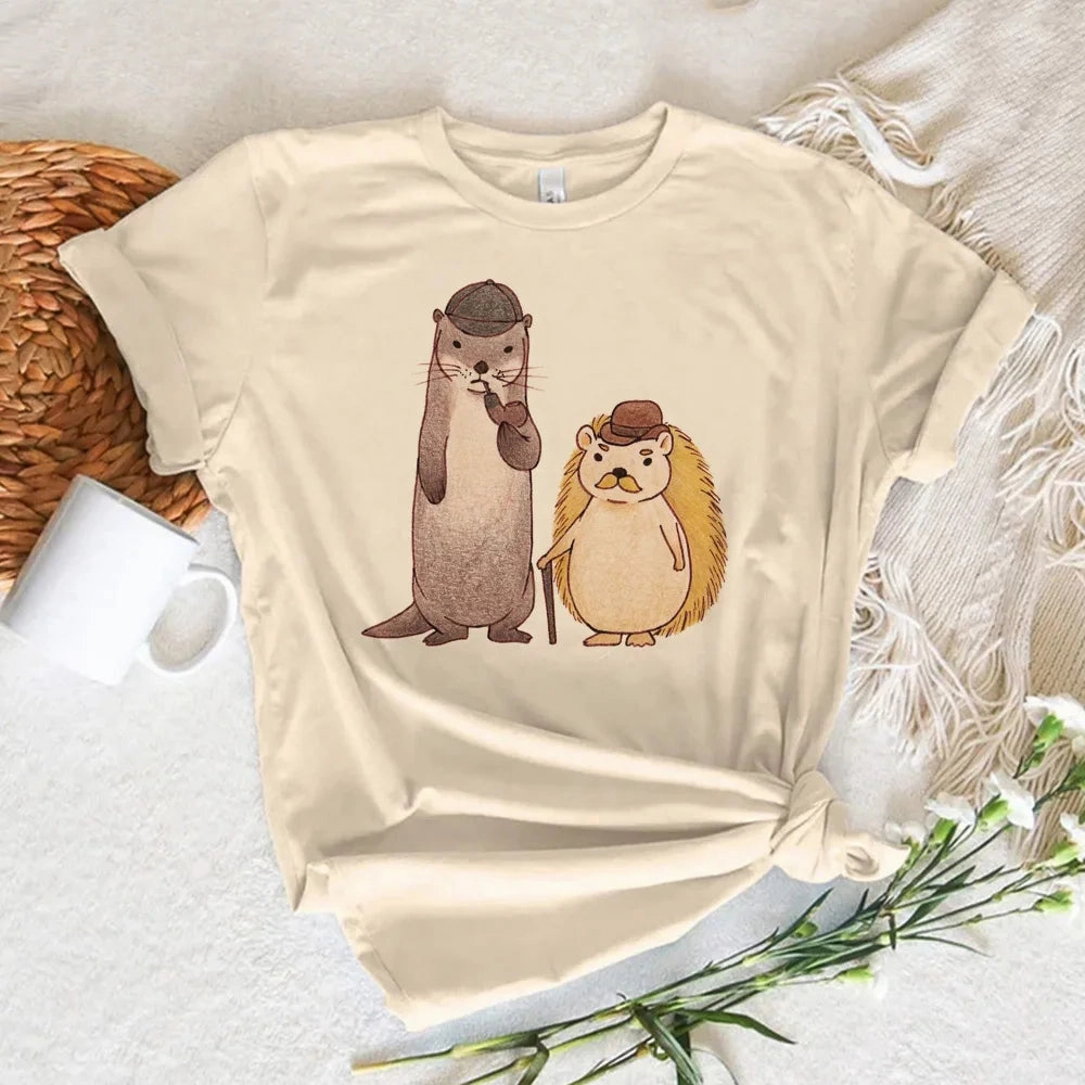 Whimsical Otter Graphic Tee for Women - Fun Manga-Inspired Casual T-Shirt with Short Sleeves