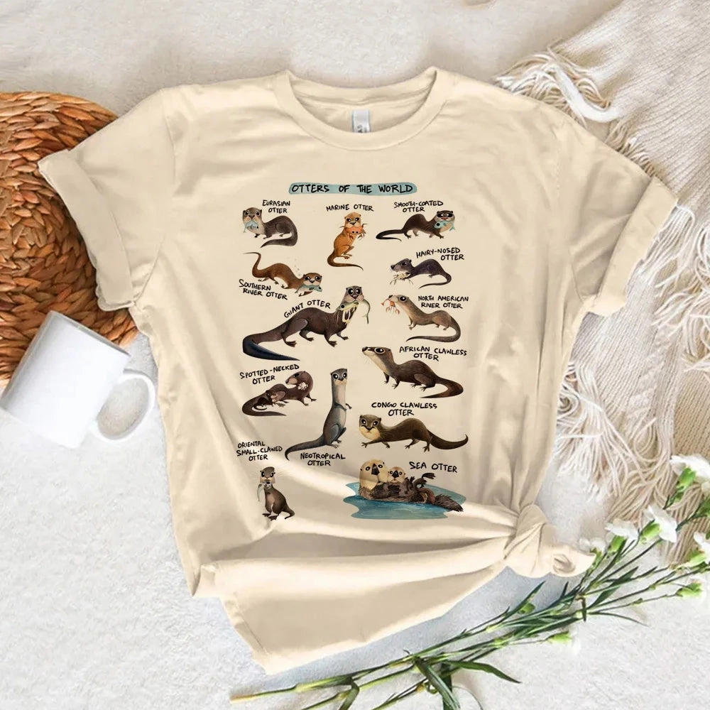 Whimsical Otter Graphic Tee for Women - Fun Manga-Inspired Casual T-Shirt with Short Sleeves