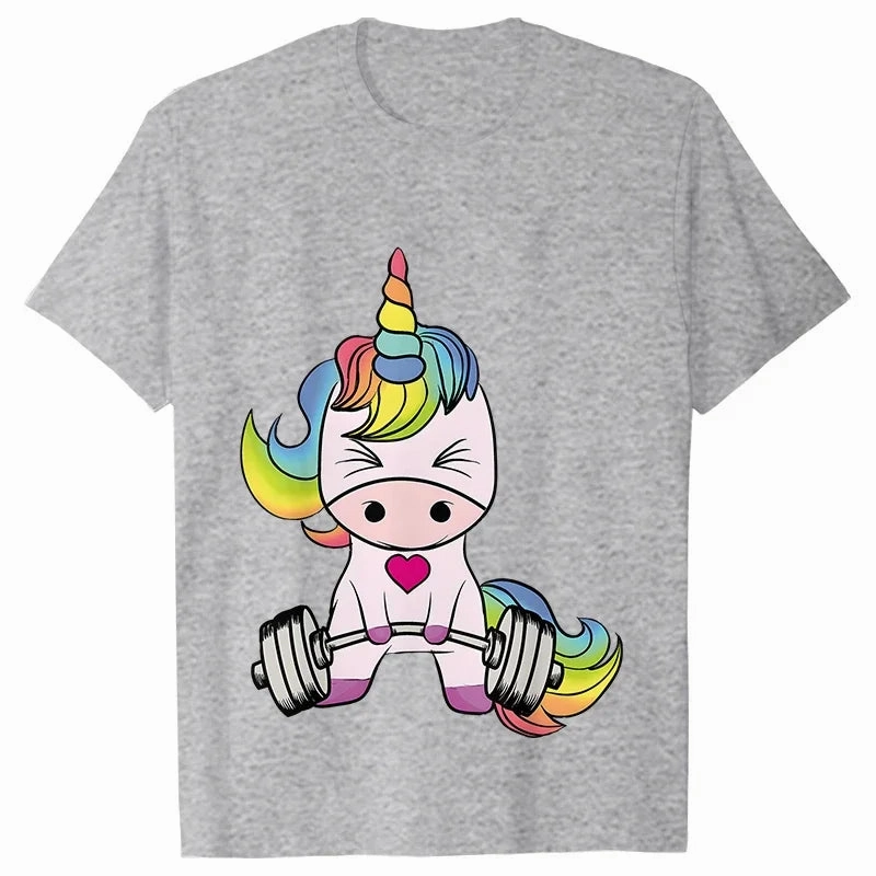 Whimsical Unicorn Weightlifting T-Shirts for Women | Trendy Fitness Graphic Tees for Summer Workouts