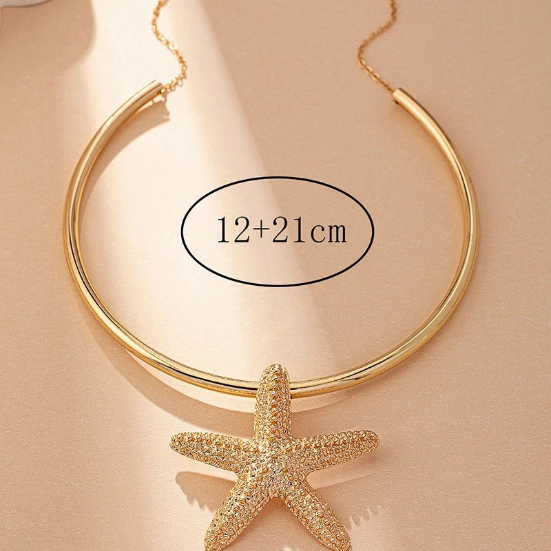 Wholesale Modern Jewelry Gold Color Large Metal Statement Earrings and Adjustable Starfish Choker Necklace for Women