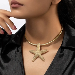 Wholesale Modern Jewelry Gold Color Large Metal Statement Earrings and Adjustable Starfish Choker Necklace for Women