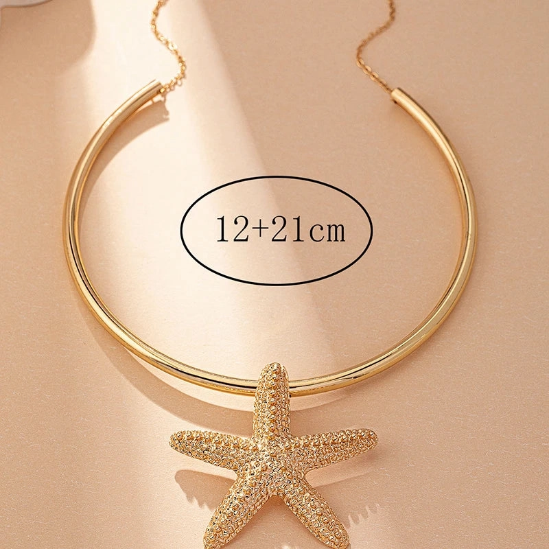 Wholesale Modern Jewelry Gold Color Large Metal Statement Earrings and Adjustable Starfish Choker Necklace for Women
