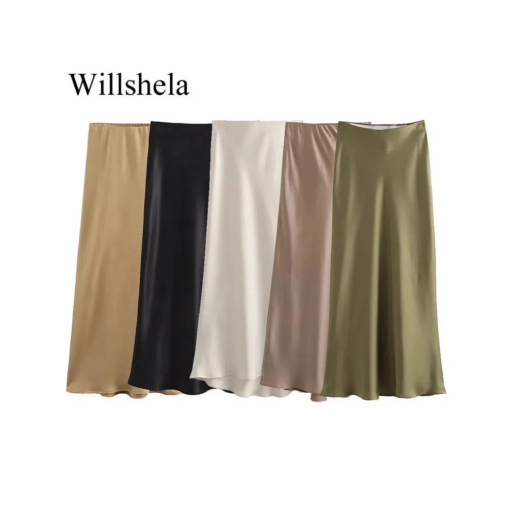 Willshela Women Fashion Satin Solid Pleated Midi Skirt Chic Vintage Style with Elastic Waist for Everyday Elegance