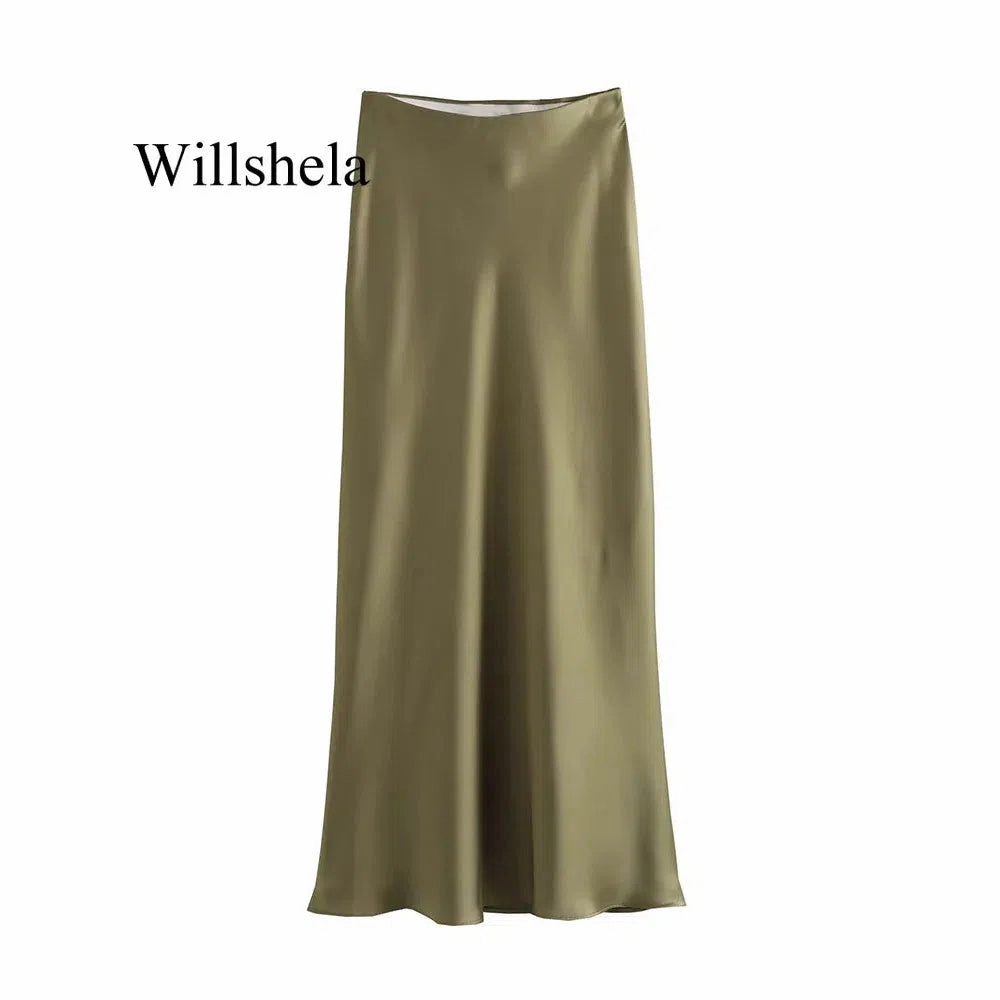 Willshela Women Fashion Satin Solid Pleated Midi Skirt Chic Vintage Style with Elastic Waist for Everyday Elegance