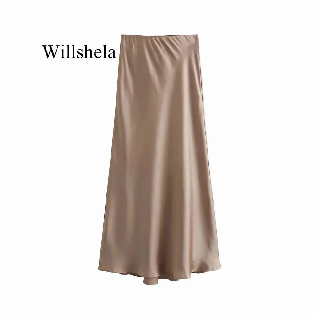 Willshela Women Fashion Satin Solid Pleated Midi Skirt Chic Vintage Style with Elastic Waist for Everyday Elegance
