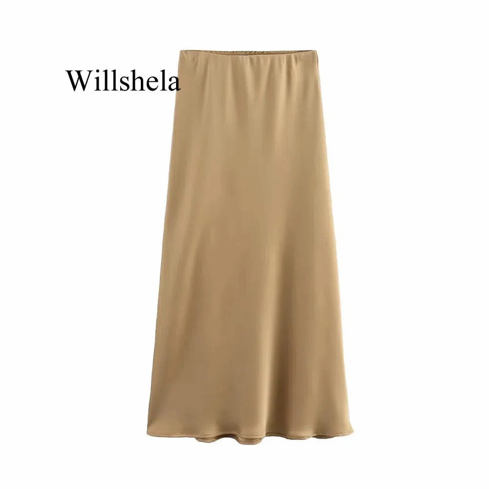 Willshela Women Fashion Satin Solid Pleated Midi Skirt Chic Vintage Style with Elastic Waist for Everyday Elegance