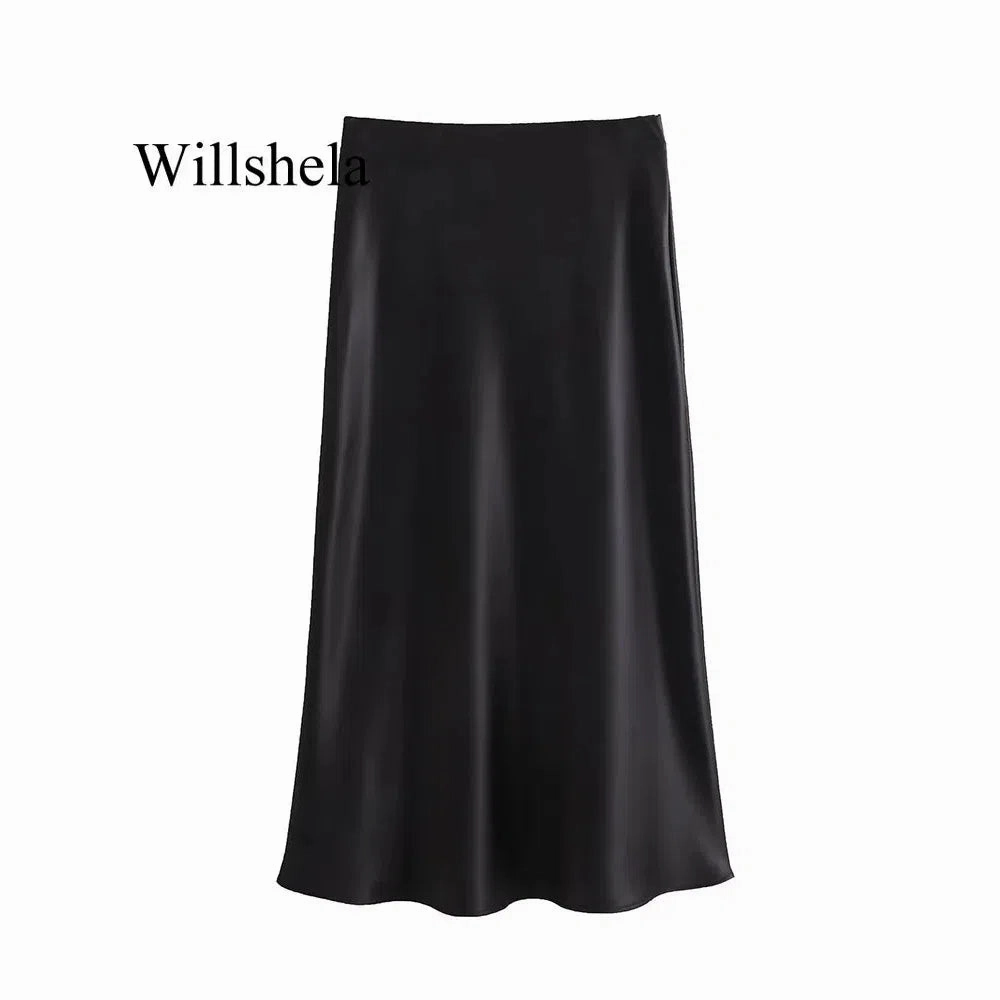 Willshela Women Fashion Satin Solid Pleated Midi Skirt Chic Vintage Style with Elastic Waist for Everyday Elegance