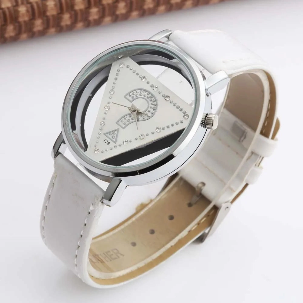 Womage Women Watches Fashion Triangle Transparent Quartz Wristwatches Leather Reloj Mujer