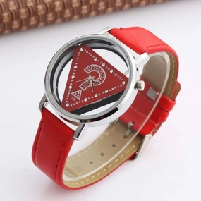 Womage Women Watches Fashion Triangle Transparent Quartz Wristwatches Leather Reloj Mujer
