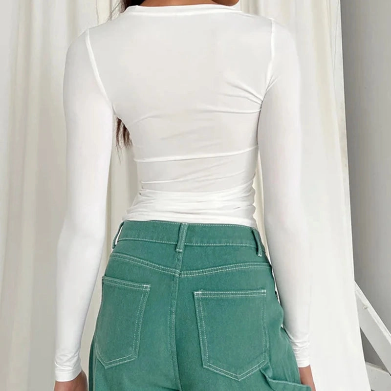 Woman Clothing Long Sleeve T-Shirt Slim Fit O-Neck Tee for Casual Street Wear Summer