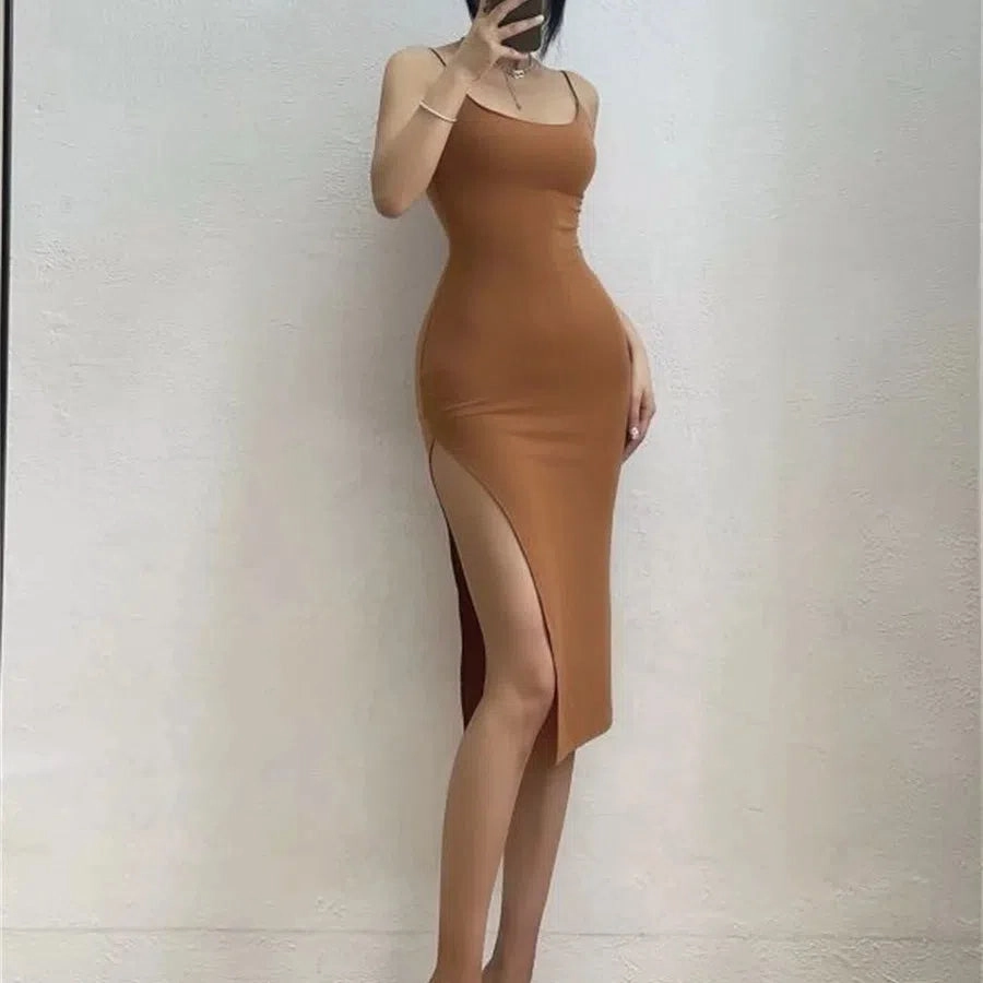 Woman Spring Summer Style Bodycon Dress Female Sexy Sleeveless Spaghetti Strap Split Sheath Dress SS178