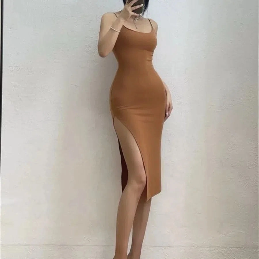 Woman Spring Summer Style Bodycon Dress Female Sexy Sleeveless Spaghetti Strap Split Sheath Dress SS178