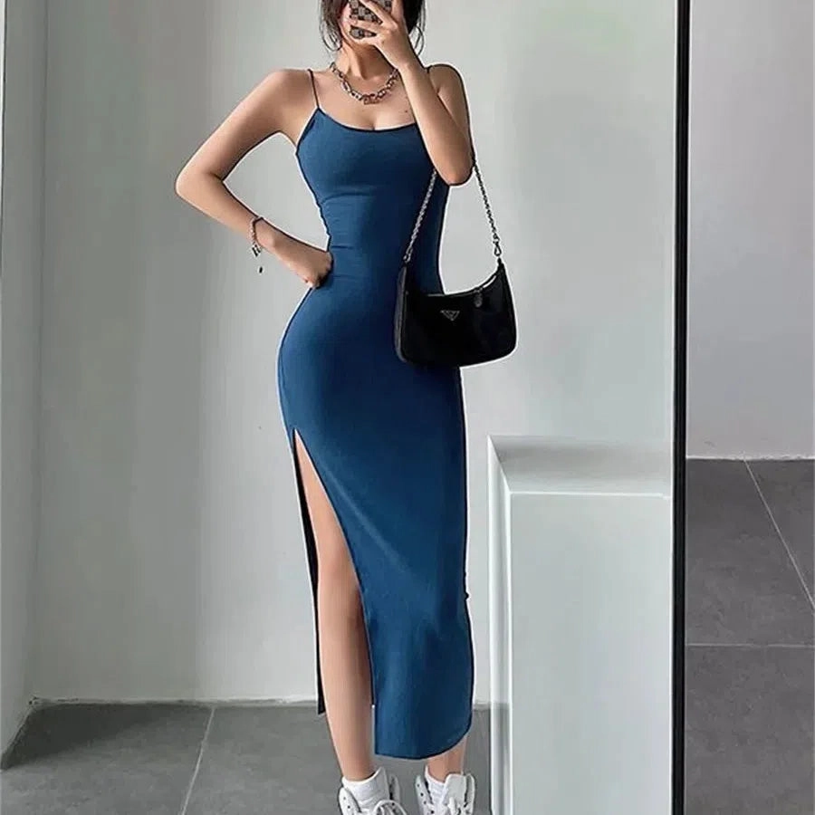 Woman Spring Summer Style Bodycon Dress Female Sexy Sleeveless Spaghetti Strap Split Sheath Dress SS178