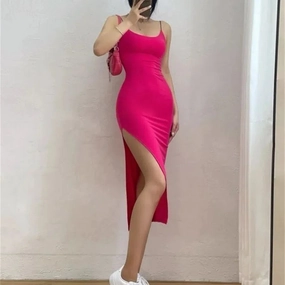 Woman Spring Summer Style Bodycon Dress Female Sexy Sleeveless Spaghetti Strap Split Sheath Dress SS178
