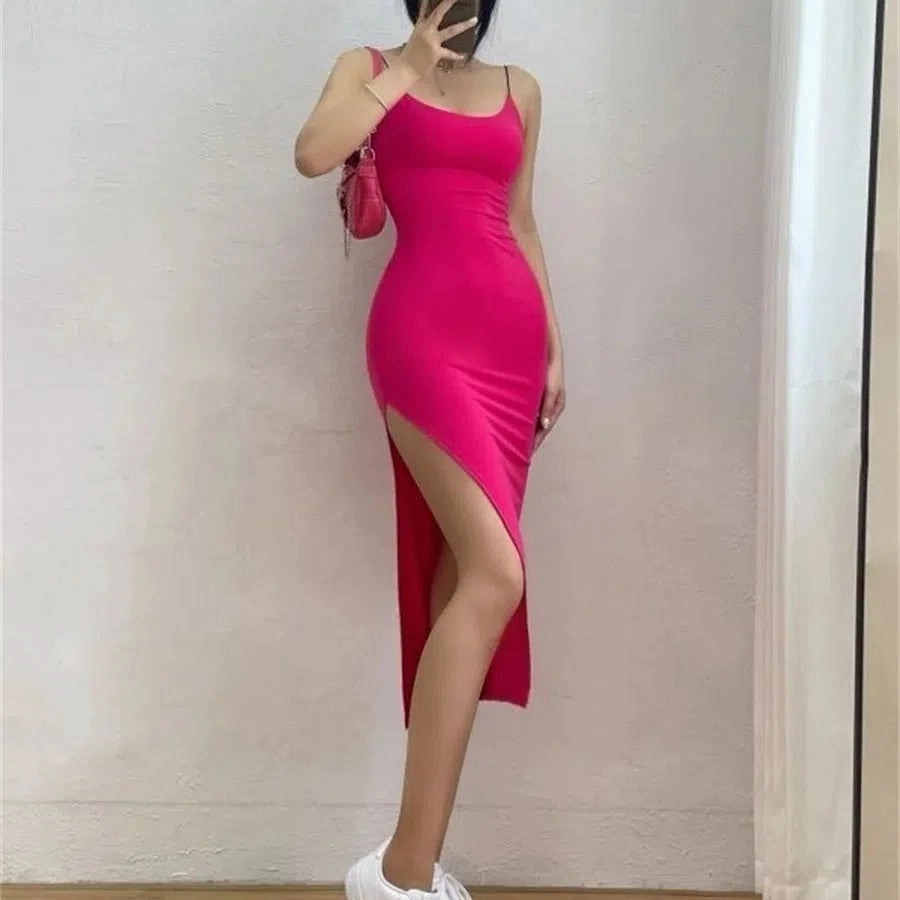 Woman Spring Summer Style Bodycon Dress Female Sexy Sleeveless Spaghetti Strap Split Sheath Dress SS178