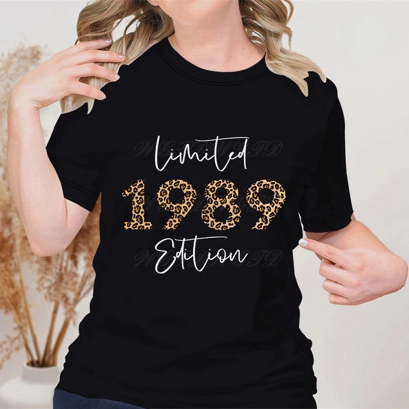 Woman T-Shirts Leopard 1982 Limited Edition Graphic Tee for Summer Birthdays Crew Neck Vintage Style