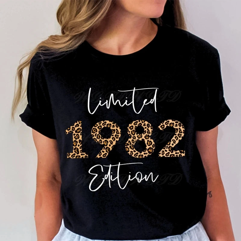 Woman T-Shirts Leopard 1982 Limited Edition Graphic Tee for Summer Birthdays Crew Neck Vintage Style