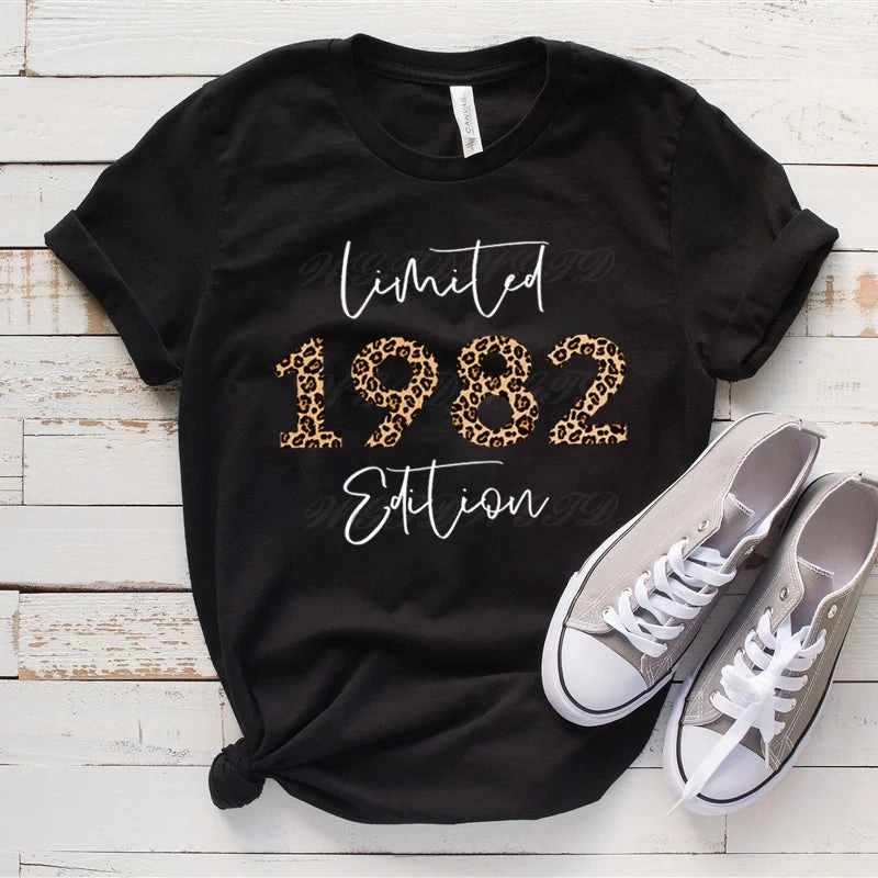 Woman T-Shirts Leopard 1982 Limited Edition Graphic Tee for Summer Birthdays Crew Neck Vintage Style