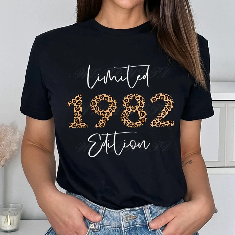Woman T-Shirts Leopard 1982 Limited Edition Graphic Tee for Summer Birthdays Crew Neck Vintage Style