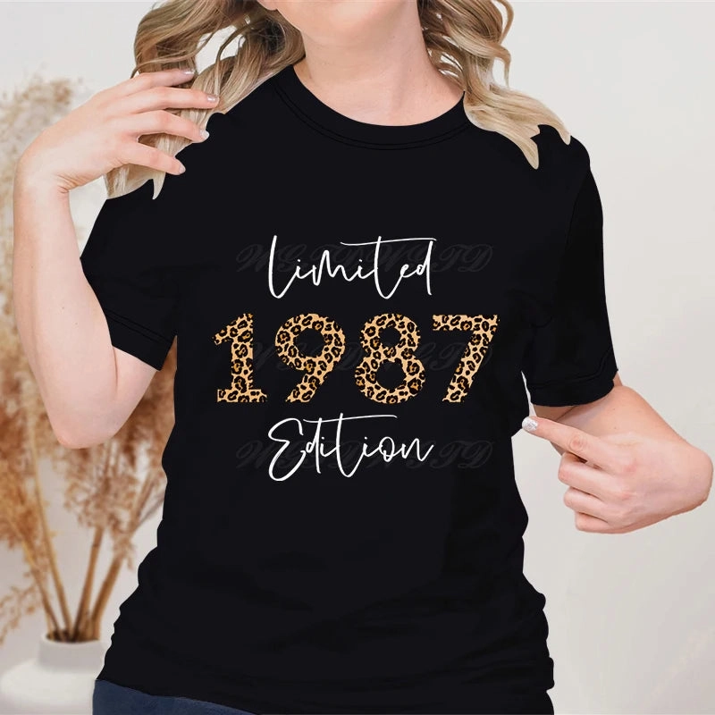 Woman T-Shirts Leopard 1982 Limited Edition Graphic Tee for Summer Birthdays Crew Neck Vintage Style