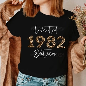 Woman T-Shirts Leopard 1982 Limited Edition Graphic Tee for Summer Birthdays Crew Neck Vintage Style